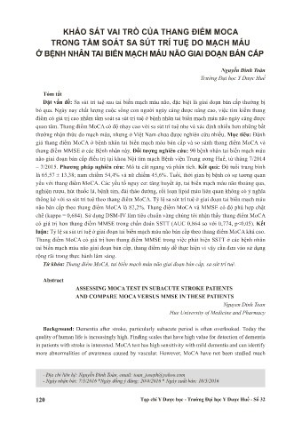 Khảo sát vai trò của thang điểm Moca trong tầm soát sa sút trí tuệ do mạch máu ở bệnh nhân tai biến mạch máu não giai đoạn bán cấp