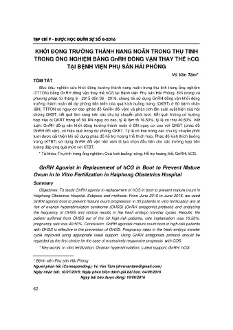 Khởi động trưởng thành nang noãn trong thụ tinh trong ống nghiệm bằng gnrh đồng vận thay thế hcg tại bệnh viện phụ sản Hải Phòng
