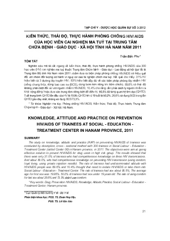 Kiến thức, thái độ, thực hành phòng chống HIV/aids của học viên cai nghiện ma tuý tại trung tâm chữa bệnh - Giáo dục - Xã hội tỉnh Hà Nam năm 2011