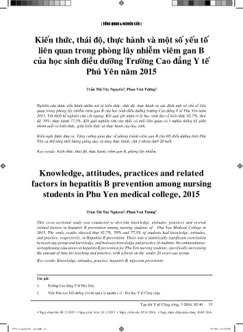 Kiến thức, thái độ, thực hành và một số yếu tố liên quan trong phòng lây nhiễm viêm gan B của học sinh điều dưỡng Trường Cao đẳng Y tế Phú Yên năm 2015