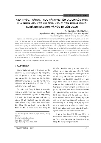 Kiến thức, thái độ, thực hành về tiêm vaccin cúm mùa của nhân viên y tế hai bệnh viện tuyến trung ương tại Hà Nội năm 2015 và yếu tố liên quan