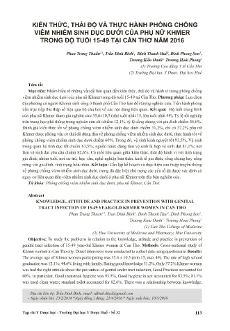 Kiến thức, thái độ và thực hành phòng chống viêm nhiễm sinh dục dưới của phụ nữ Khmer trong độ tuổi 15 - 49 tại Cần Thơ năm 2016