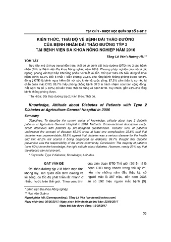 Kiến thức, thái độ về bệnh đái tháo đường của bệnh nhân đái tháo đường týp 2 tại bệnh viện đa khoa nông nghiệp năm 2016