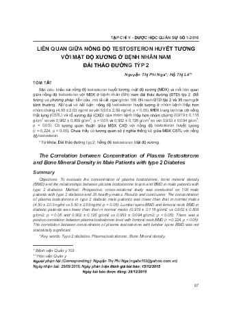 Liên quan giữa nồng độ testosteron huyết tương với mật độ xương ở bệnh nhân nam đái tháo đường týp 2