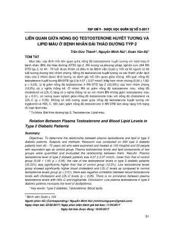 Liên quan giữa nồng độ testosterone huyết tương và lipid máu ở bệnh nhân đái tháo đường týp 2