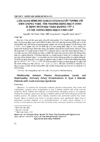 Liên quan nồng độ homocystein huyết tương với biến chứng thận, tổn thương động mạch vành ở bệnh nhân đái tháo đường týp 2 có hội chứng động mạch vành cấp