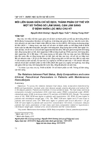 Mối liên quan giữa chỉ số dịch, thành phần cơ thể với một số thông số lâm sàng, cận lâm sàng ở bệnh nhân lọc máu chu kỳ
