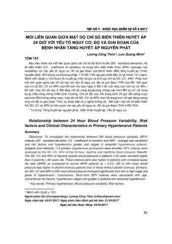 Mối liên quan giữa mật độ chỉ số biến thiên huyết áp 24 giờ với yếu tố nguy cơ, độ và giai đoạn của bệnh nhân tăng huyết áp nguyên phát