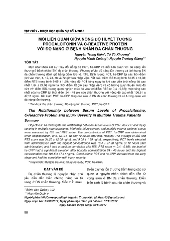 Mối liên quan giữa nồng độ huyết tương procalcitonin và c-reactive protein với độ nặng ở bệnh nhân đa chấn thương