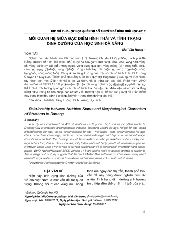 Mối quan hệ giữa đặc điểm hình thái và tình trạng dinh dưỡng của học sinh Đà Nẵng