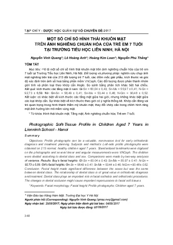 Một số chỉ số hình thái khuôn mặt trên ảnh nghiêng chuẩn hóa của trẻ em 7 tuổi tại trường tiểu học Liên Ninh, Hà Nội