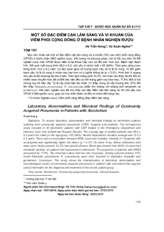Một số đặc điểm cận lâm sàng và vi khuẩn của viêm phổi cộng đồng ở bệnh nhân nghiện rượu