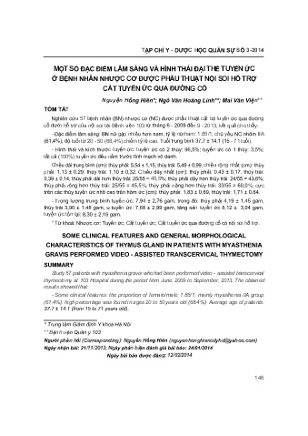Một số đặc điểm lâm sàng và hình thái đại thể tuyến ức ở bệnh nhân nhược cơ được phẫu thuật nội soi hỗ trợ cắt tuyến ức qua đường cổ