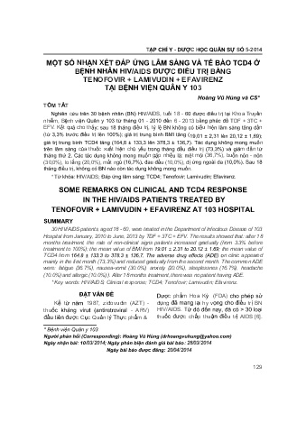 Một số nhận xét đáp ứng lâm sàng và tế bào tcd4 ở bệnh nhân HIV / AIDS được điều trị bằng tenofovir + lamivudin + efavirenz tại bệnh viện quân y 103
