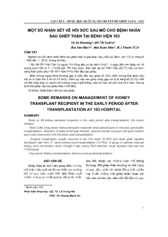 Một số nhận xét về hồi sức sau mổ cho bệnh nhân sau ghép thận tại bệnh viện 103