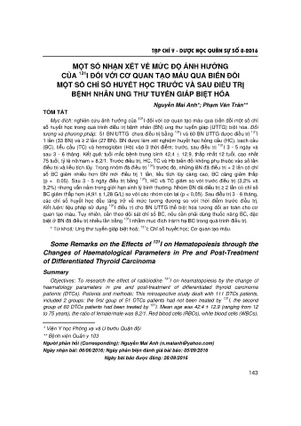 Một số nhận xét về mức độ ảnh hưởng của 131i đối với cơ quan tạo máu qua biến đổi một số chỉ số huyết học trước và sau điều trị bệnh nhân ung thư tuyến giáp biệt hóa