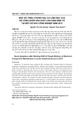 Một số triệu chứng sau ca làm việc của nữ công nhân sản xuất linh kiện điện tử tại một số khu công nghiệp năm 2015
