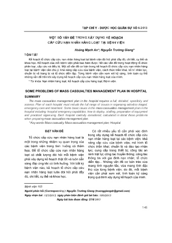 Một số vấn đề trong xây dựng kế hoạch cấp cứu nạn nhân hàng loạt tại bệnh viên