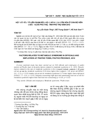 Một số yếu tố liên quan đến hội chứng chuyển hóa ở cán bộ viên chức Thị xã Phú Thọ, tỉnh Phú Thọ năm 2012