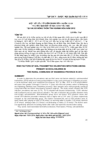 Một số yếu tố liên quan đến nhiễm giun truyền qua đất ở học sinh tiểu học tại hai xã nông thôn tỉnh Khánh Hòa năm 2012