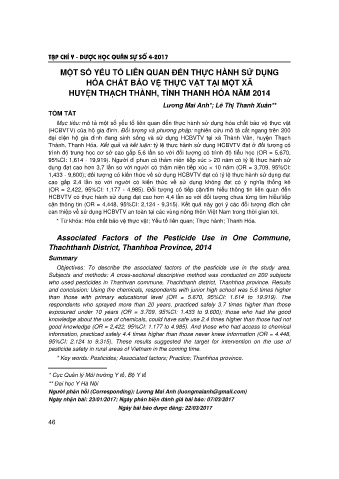 Một số yếu tố liên quan đến thực hành sử dụng hóa chất bảo vệ thực vật tại một xã huyện Thạch Thành, tỉnh Thanh Hóa năm 2014