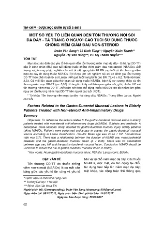 Một số yếu tố liên quan đến tổn thương nội soi dạ dày - Tá tràng ở người cao tuổi sử dụng thuốc chống viêm giảm đau non - steroid