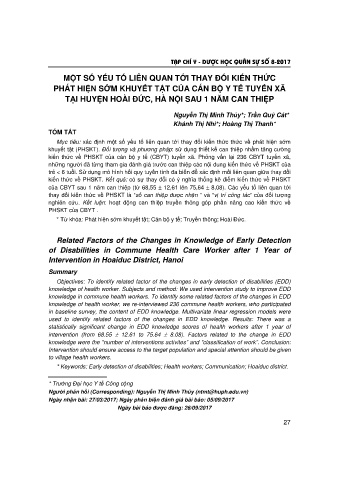 Một số yếu tố liên quan tới thay đối kiến thức phát hiện sớm khuyết tật của cán bộ y tế tuyến xã tại huyện Hoài Đức, Hà Nội sau 1 năm can thiệp