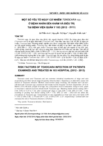 Một số yếu tố nguy cơ nhiễm toxocara spp. ở bệnh nhân đến khám và điều trị tại bệnh viện quân y 103 (2012 - 2013)