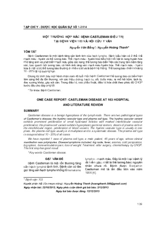 Một trường hợp mắc bệnh castleman điều trị tại bệnh viện 103 và hồi cứu y văn