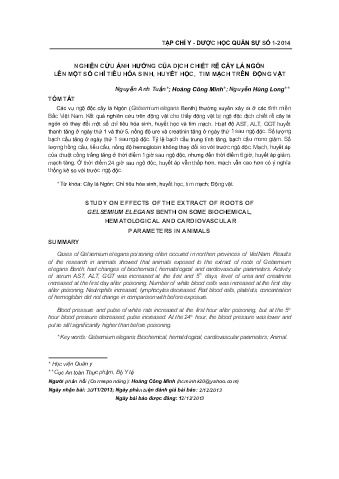 Nghiên cứu ảnh hưởng của dịch chiết rễ cây lá ngón lên một số chỉ tiêu hóa sinh, huyết học, tim mạch trên động vật