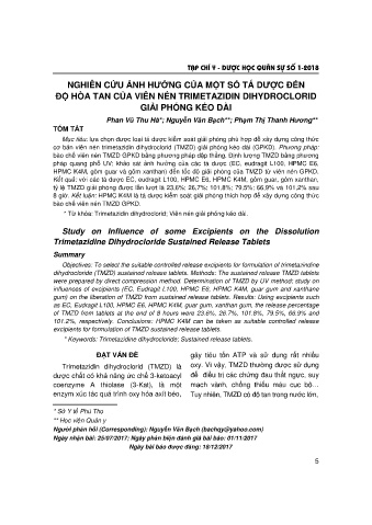 Nghiên cứu ảnh hưởng của một số tá dược đến độ hòa tan của viên nén trimetazidin dihydroclorid giải phóng kéo dài