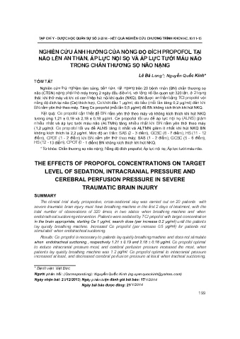 Nghiên cứu ảnh hưởng của nồng độ đích propofol tại não lên an thần, áp lực nội sọ và áp lực tưới máu não trong chấn thương sọ não nặng