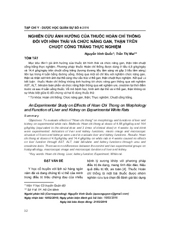 Nghiên cứu ảnh hưởng của thuốc hoàn chỉ thống đối với hình thái và chức năng gan thận trên chuột cống trắng thực nghiệm