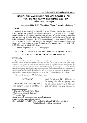 Nghiên cứu ảnh hưởng của viên bogamin lên hoạt độ ast, alt và tình trạng oxy hóa trên thực nghiệm