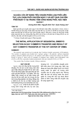 Nghiên cứu áp dụng tiêu chuẩn phân loại phôi liên tục lựa chọn chuyển phôi ngày 5 và kết quả chuyển phôi ngày 5 tại trung tâm công nghệ phôi, học viện quân y