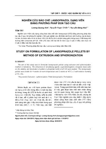 Nghiên cứu bào chế lansoprazol dạng viên bằng phương pháp đùn tạo cầu