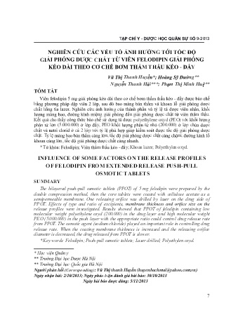 Nghiên cứu các yếu tố ảnh hưởng tới tốc độ giải phóng dược chất từ viên felodipin giải phóng kéo dài theo cơ chế bơm thẩm thấu kéo - đẩy