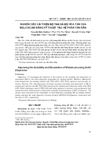 Nghiên cứu cải thiện độ tan và độ hòa tan của meloxicam bằng kỹ thuật tạo hệ phân tán rắn
