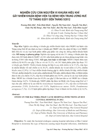Nghiên cứu căn nguyên vi khuẩn hiếu khí gây nhiễm khuẩn bệnh viện tại bệnh viện trung ương Huế từ tháng 5/2011 đến tháng 5/2012