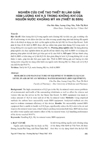 Nghiên cứu chế tạo thiết b] làm giảm hàm lượng khí H2A trong khồng khí của nguồn nước khoáng Mỹ An (thiết bị bbn)