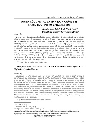 Nghiên cứu chế tạo và tinh sạch kháng thể kháng nọc rắn hổ mang Naja Atra