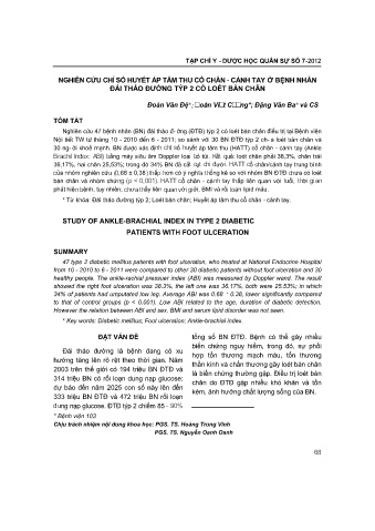 Nghiên cứu chỉ số huyết áp tâm thu cổ chân - Cánh tay ở bệnh nhân đái tháo đường týp 2 có loét bàn chân