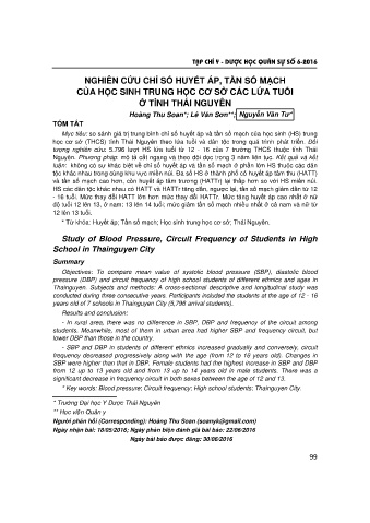 Nghiên cứu chỉ số huyết áp, tần số mạch của học sinh trung học cơ sở các lứa tuổi ở tỉnh Thái Nguyên