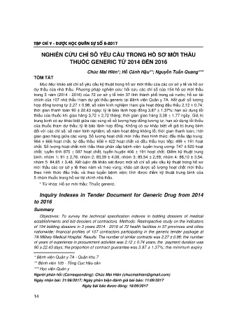 Nghiên cứu chỉ sô yêu cầu trong hồ sơ mời thầu thuốc generic từ 2014 đến 2016
