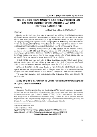 Nghiên cứu chức năng tế bào beta ở bệnh nhân đái tháo đường týp 2 chẩn đoán lần đầu có thừa cân béo phì