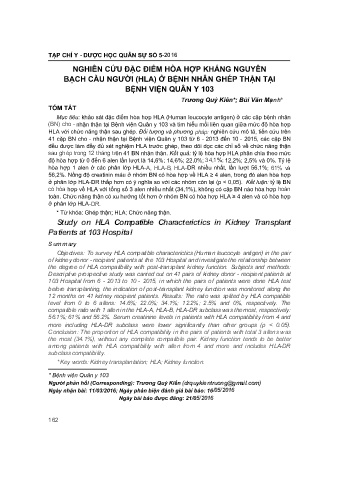 Nghiên cứu đặc điểm hòa hợp kháng nguyên bạch cầu người (hla) ở bệnh nhân ghép thận tại bệnh viện quân y 103