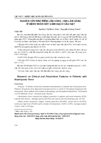 Nghiên cứu đặc điểm lâm sàng, cận lâm sàng ở bệnh nhân sốt giảm bạch cầu hạt