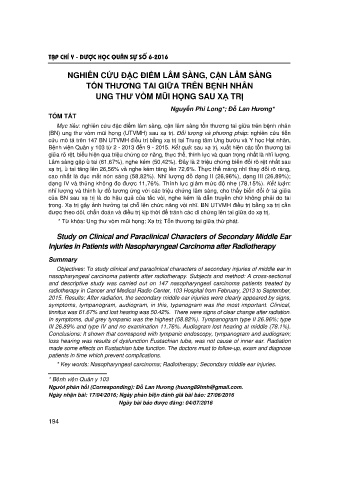 Nghiên cứu đặc điểm lâm sàng, cận lâm sàng tổn thương tai giữa trên bệnh nhân ung thư vòm mũi họng sau xạ trị