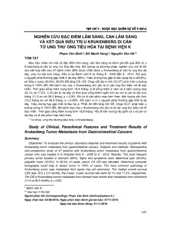 Nghiên cứu đặc điểm lâm sàng, cận lâm sàng và kết quả điều trị u krukenberg di căn từ ung thư ống tiêu hóa tại bệnh viện K