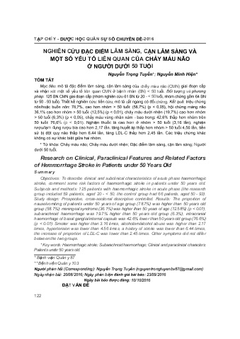 Nghiên cứu đặc điểm lâm sàng, cận lâm sàng và một số yếu tố liên quan của chảy máu não ở người dưới 50 tuổi